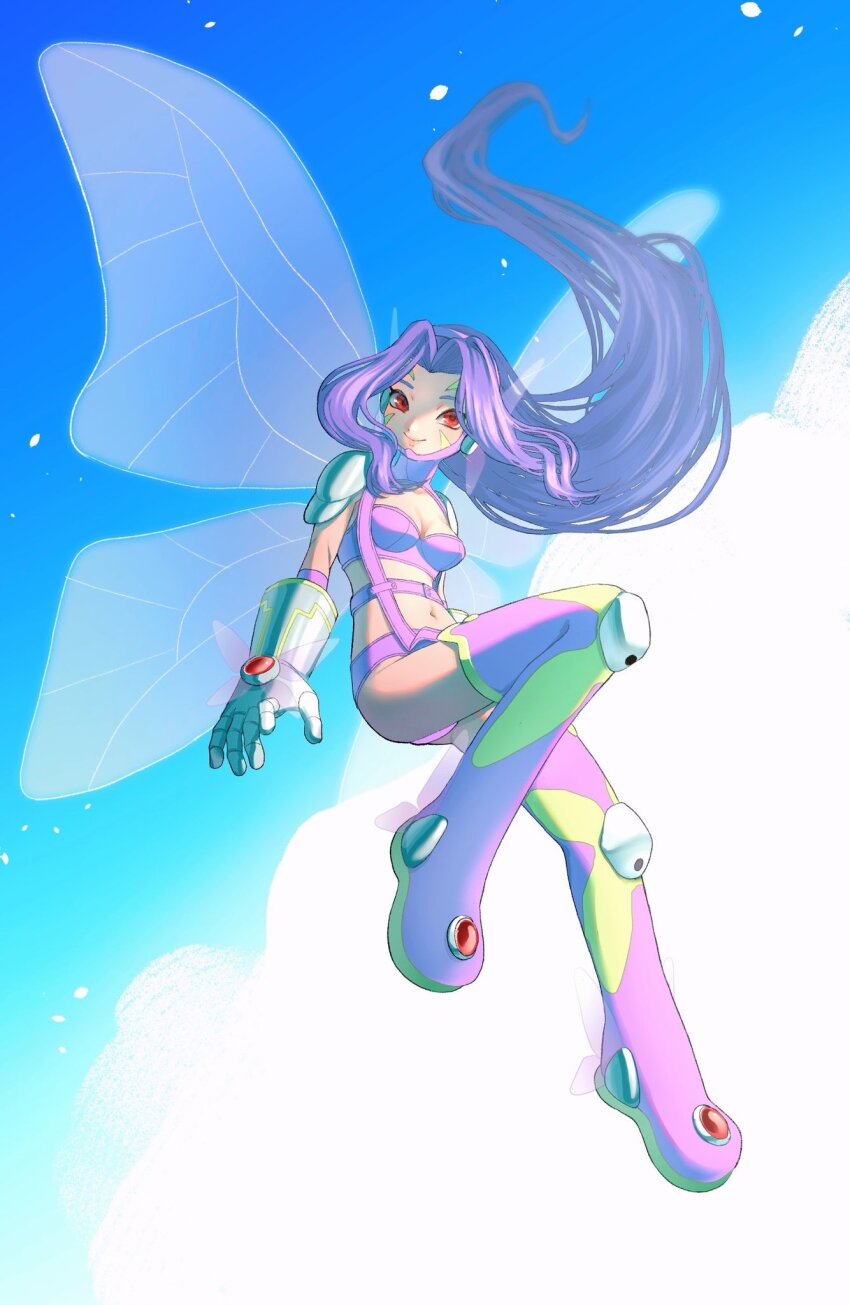 1girl breasts cleavage digimon digimon_(creature) digimon_frontier fairimon fairy_wings full_body highres medium_breasts midair navel purple_hair red_eyes solo takeda_conomi transparent_wings wings