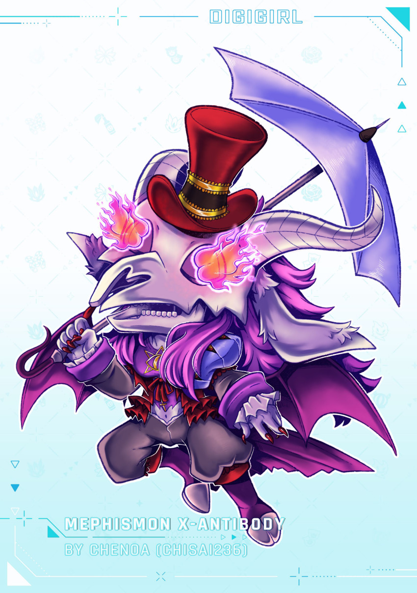 1girl absurdres digimon digimon_(creature) female_focus fire hat highres horns mephismon mephismon_x-antibody skull solo wings