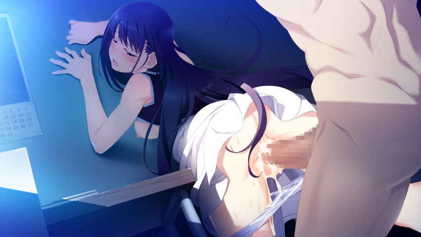 1boy 1girl against_wall arms_up ass bare_shoulders bent_over bent_over_furniture black_hair black_tank_top blush breasts calendar_(object) censored clothed_female_nude_male clothes_lift completely_nude cowboy_shot cum cum_in_pussy cum_on_body cum_on_legs cum_on_penis cum_on_pussy cum_overflow cum_string cumdrip curled_fingers desk drooling dutch_angle ejaculation erection eyebrows_hidden_by_hair from_behind fumio_(ura_fmo) furrowed_brow game_cg grisaia_(series) grisaia_no_kajitsu half-closed_eyes hetero highres kazami_yuuji leaning_forward long_eyelashes long_hair looking_at_another looking_back lower_teeth_only medium_breasts moonlight mosaic_censoring narrowed_eyes nipples non-web_source nude official_art open_mouth orgasm out_of_frame panties panty_pull partially_undressed penis purple_eyes pussy_juice pussy_juice_trail raised_inner_eyebrows sakaki_yumiko sex sex_from_behind shirt_lift skirt sweat swept_bangs tank_top teeth thick_eyelashes thighs toned toned_male torogao underwear upskirt vaginal very_long_hair wet wet_clothes wet_panties white_skirt