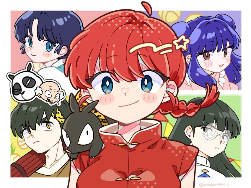 2boys 4girls :d ahoge blue_eyes blue_hair blunt_bangs blush_stickers border braid brown_shirt closed_mouth coke-bottle_glasses commentary_request detached_ahoge double_bun glasses green_eyes green_hair hair_bun happosai hibiki_ryouga long_hair looking_at_viewer mousse_(ranma_1/2) multiple_boys multiple_girls notamaru_2 open_mouth outside_border parted_bangs purple_hair ranma-chan ranma_1/2 red_eyes red_hair red_shirt saotome_genma_(panda) shampoo_(ranma_1/2) shirt short_hair single_braid smile star_(symbol) tendou_akane twitter_username v-shaped_eyebrows white_border yellow_eyes