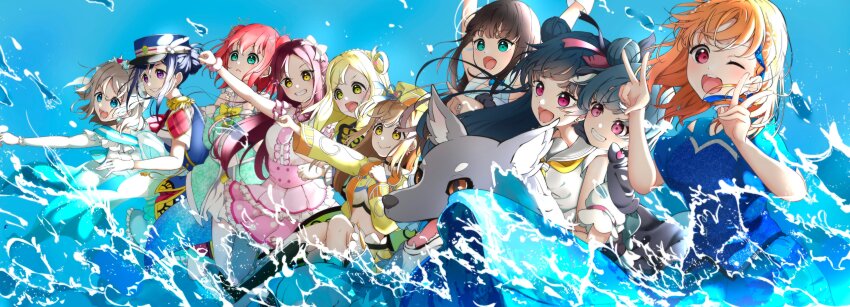 6+girls ;d absurdres aoiao aqua_eyes black_capelet black_hair blonde_hair blue_eyes blue_hair blue_shirt blue_sky braid breasts brown_hair capelet center_frills commentary_request costume_request double_bun double_v dual_persona eikyuu_hours elbow_gloves frills genjitsu_no_yohane gloves grey_hair grey_sailor_collar grin hair_bun happy_party_train highres koi_ni_naritai_aquarium kunikida_hanamaru kurosawa_dia kurosawa_ruby lailaps_(genjitsu_no_yohane) long_hair love_live! love_live!_sunshine!! matsuura_kanan medium_breasts medium_hair mitaiken_horizon multiple_girls neckerchief official_alternate_costume official_alternate_hairstyle ohara_mari omoi_yo_hitotsu_ni_nare one_eye_closed open_mouth orange_hair pink_eyes pink_skirt purple_eyes red_eyes red_hair sailor_collar sakurauchi_riko school_uniform serafuku shirt short_hair short_sleeves side_braid single_hair_bun skirt sky sleeveless sleeveless_shirt smile splashing summer_uniform takami_chika tsushima_yoshiko two_side_up uranohoshi_school_uniform v white_gloves white_shirt wolf yellow_eyes yellow_neckerchief yohane_(genjitsu_no_yohane)