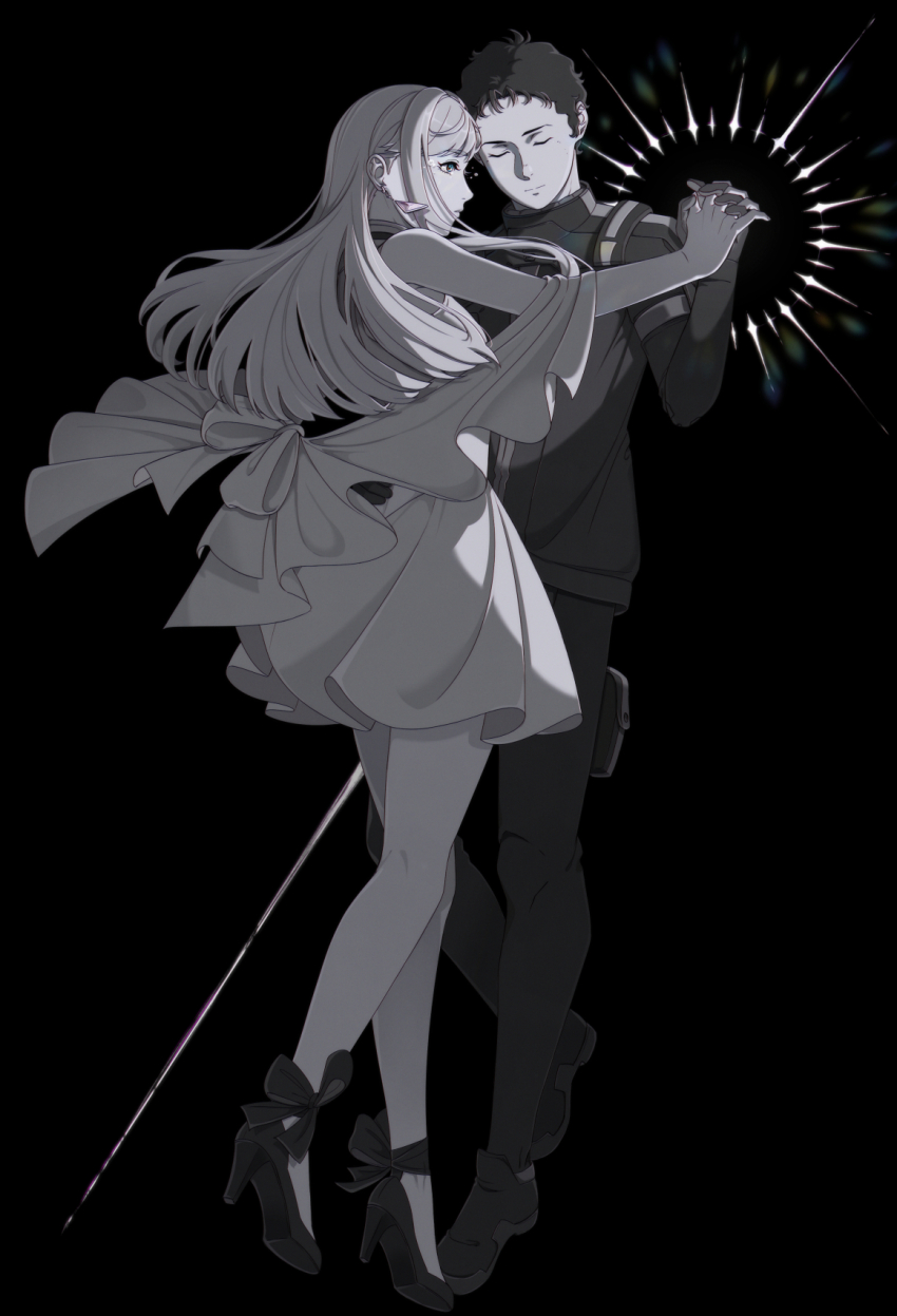 1boy 1girl black_background blue_eyes closed_eyes crying dancing dress earrings enelous full_body gigi_andalusia greyscale gundam gundam_hathaway&#039;s_flash hathaway_noa highres holding_hands jewelry long_hair mecha_pilot_suit monochrome short_hair simple_background spot_color standing standing_on_one_leg triangle_earrings