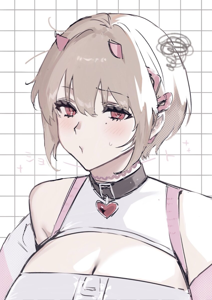 1girl alternate_hairstyle breasts cleavage detached_sleeves goddess_of_victory:_nikke grid grid_background heart_collar heart_pendant highres holographic_clothing horns iridescent lia_(pzvs3887) light_brown_hair pink_eyes pink_horns pout short_hair solo upper_body viper_(nikke) white_background