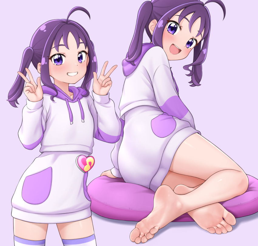 1girl ahoge barefoot blush commentary cushion double_v feet hair_intakes highres hinosaki hood hoodie kimi_to_idol_precure long_sleeves medium_hair multiple_views open_mouth paid_reward_available precure purple_eyes purple_hair purple_hoodie purple_skirt purple_thighhighs shigure_kokoro skirt smile soles solo thighhighs toes twintails v