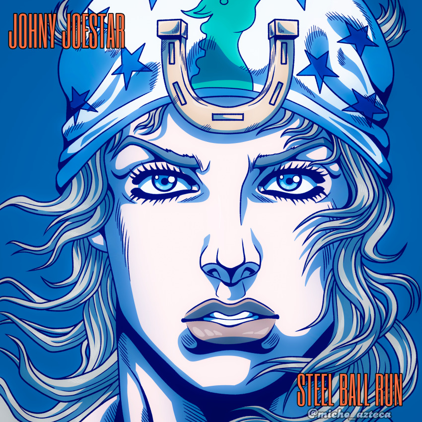 absurdres anime_coloring araki_hirohiko_(style) beanie blonde_hair blue_background blue_eyes blue_theme character_name elaztecarome hat highres horseshoe_hat_ornament johnny_joestar jojo_no_kimyou_na_bouken looking_at_viewer messy_hair parted_lips portrait star_(symbol) star_print steel_ball_run teeth white_hat
