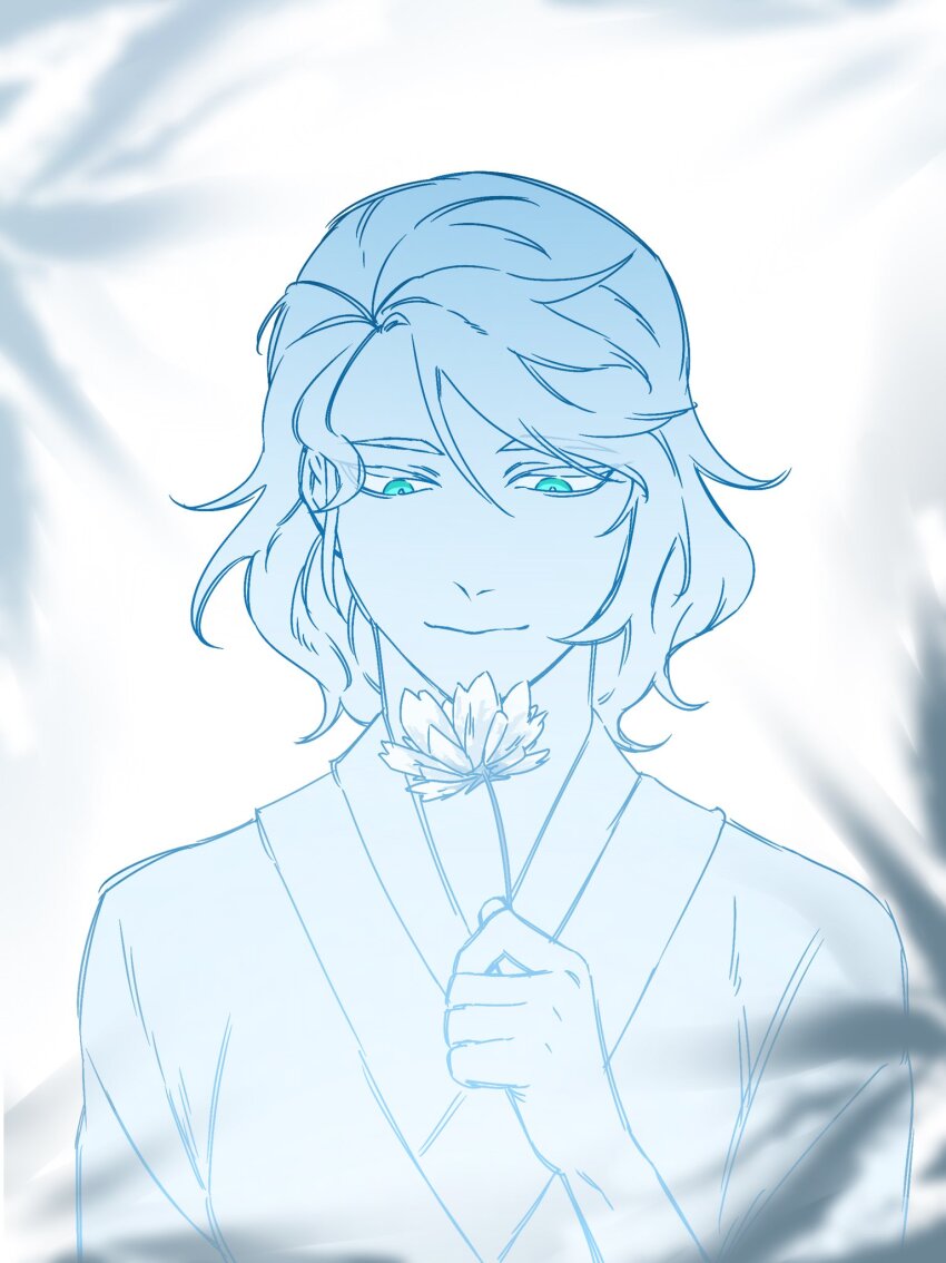 1girl blue_eyes blue_theme blurry blurry_foreground flower hand_up highres holding holding_flower korean_clothes light_smile lo_po_bia_ameuz looking_down medium_hair monochrome original petals sincal1224 solo tower_of_god white_background white_flower