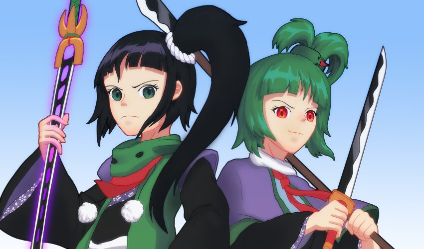2others absurdres adagumo_no_saragimaru adagumo_no_yaorochi androgynous artist_request black_hair black_kimono blue_background blue_vest blunt_bangs capelet closed_mouth commentary determined dual_wielding english_commentary eyelashes floral_print forehead frown furrowed_brow glowing glowing_weapon gradient_background green_eyes green_hair green_jacket green_scarf hachimaki hair_ornament hair_over_shoulder hair_scrunchie headband high_side_ponytail highres holding holding_polearm holding_sword holding_weapon jacket japanese_clothes jinbaori kimono len&#039;en long_hair long_sleeves multiple_others naginata neck_ribbon other_focus over_shoulder pointy_nose polearm pom_pom_(clothes) ponytail purple_capelet red_eyes red_ribbon red_scarf ribbon scarf scrunchie second-party_source short_hair short_ponytail siblings smirk snake_hair_ornament split_ponytail sword sword_of_kusanagi tasouken upper_body vest weapon weapon_over_shoulder white_scarf white_scrunchie wide_sleeves