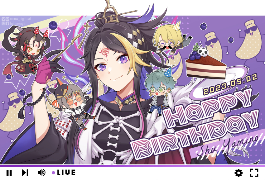 5boys beads black_hair blonde_hair bone cake chibi closed_mouth dated diamond_(shape) diamond_hair_ornament food fork gloves hair_ornament happy_birthday highres holding holding_fork ike_eveland long_hair luca_kaneshiro luxiem multicolored_gloves multicolored_hair multiple_boys mysta_rias nightcat nijisanji nijisanji_en pink_hair purple_eyes shirt shu_yamino shu_yamino_(1st_costume) smile streaked_hair tassel virtual_youtuber vox_akuma