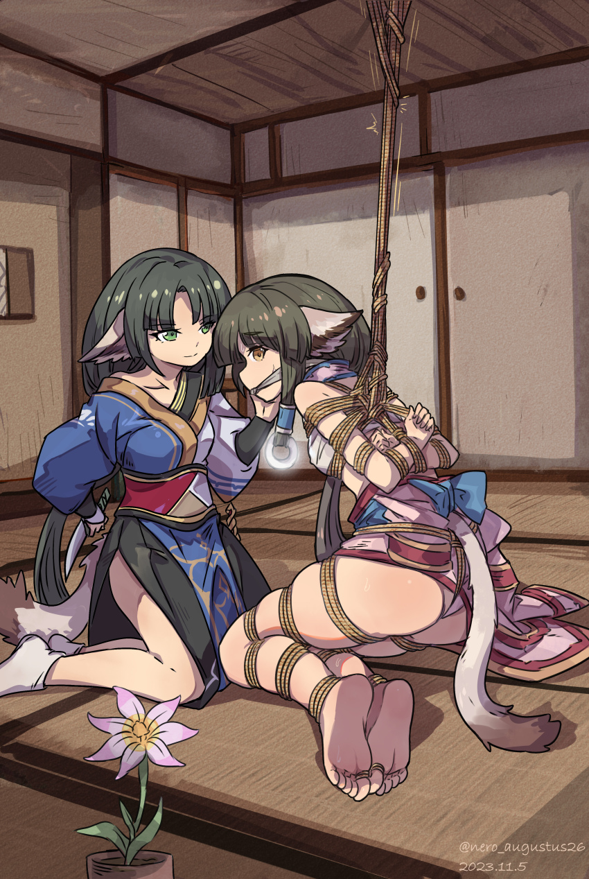 2girls absurdres ainu_clothes animal_ears arms_behind_back artist_name bare_legs barefoot bdsm bondage bound bound_toes bow chest_sarashi cloth_gag clothes_down clothes_lift collarbone covered_erect_nipples crotch_rope eruruu flower from_side gag gagged glowing green_eyes green_hair hair_ornament hair_tubes hand_on_another&#039;s_face highres holding holding_knife improvised_gag indoors knife long_hair long_sleeves looking_at_another looking_back multiple_girls nero_augustus off_shoulder on_floor panties ponytail ring_hair_ornament rope sarashi shibari sidelocks smile soles suspension sweat tail tatami underwear utawarerumono vase yellow_eyes
