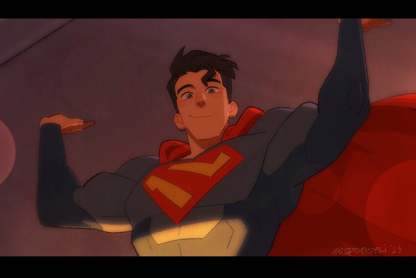 1boy arms_up artist_name black_hair blue_eyes cape clark_kent dc_comics derivative_work highres lens_flare male_focus muscular muscular_male my_adventures_with_superman red_cape screenshot_redraw smile spiderdeli superhero_costume superman superman_(series) superman_logo upper_body