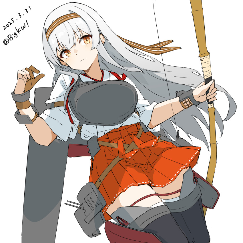 1girl absurdres bigkwl bow_(weapon) brown_gloves dated flight_deck gloves hakama hakama_short_skirt hakama_skirt headband highres holding holding_bow_(weapon) holding_weapon japanese_clothes kantai_collection muneate partially_fingerless_gloves partly_fingerless_gloves red_hakama rigging shoukaku_(kancolle) shoukaku_kai_ni_(kancolle) single_glove skirt solo tasuki weapon white_background white_hair yugake yumi_(bow)