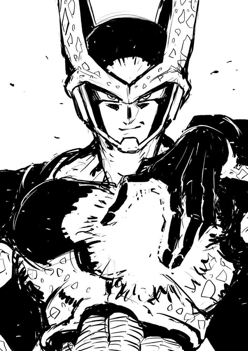 1boy absurdres cell_(dragon_ball) closed_mouth dragon_ball dragonball_z energy_ball facing_viewer greyscale hand_up highres looking_at_viewer male_focus monochrome obata2nd perfect_cell simple_background smile smug solo spots upper_body white_background wings
