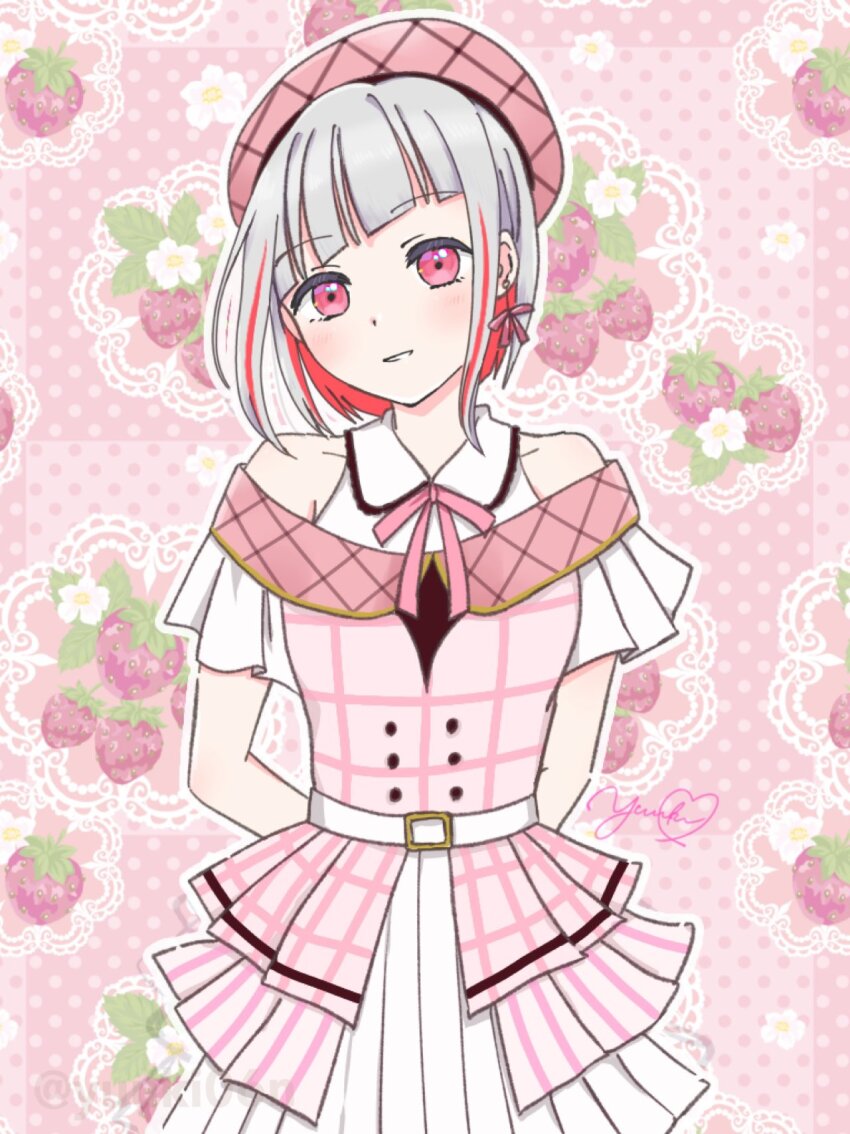 1girl alt_text alternate_costume collared_shirt commentary_request cowboy_shot dress food-themed_background grey_hair grin hat highres link!_like!_love_live! looking_at_viewer love_live! love_live!_series_15th_anniversary_costume multicolored_hair off-shoulder_dress off_shoulder pink_background pink_dress pink_hat pleated_skirt red_eyes shirt skirt sleeveless sleeveless_shirt smile solo strawberry_background streaked_hair virtual_youtuber white_skirt yugiri_tsuzuri yuuki06n