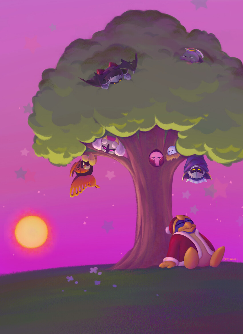 angel_wings armor bat_wings butterfly_wings cape clip_studio_paint_(medium) closed_eyes dark_meta_knight daycolors galacta_knight halo highres insect_wings king_dedede kirby kirby_(series) meta_knight morpho_knight nintendo pauldrons pom_pom_(clothes) purple_sky shadow_kirby shoulder_armor sky sleeping torn_wings tree void_(kirby) void_termina wings yellow_halo