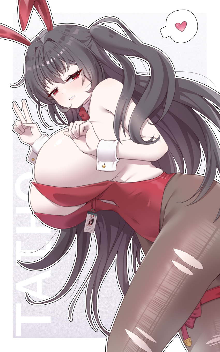 1girl absurdres animal_ear_hairband animal_ears azur_lane bare_shoulders black_hair bow bowtie breasts cleavage fake_animal_ears hair_between_eyes hairband highres huge_breasts leotard long_hair official_alternate_costume one_king_eight pantyhose playboy_bunny rabbit_ear_hairband rabbit_ears red_bow red_bowtie red_eyes red_leotard solo strapless strapless_leotard taihou_(azur_lane) taihou_(fun_on_the_baize)_(azur_lane) torn_clothes torn_pantyhose very_long_hair white_wrist_cuffs wrist_cuffs