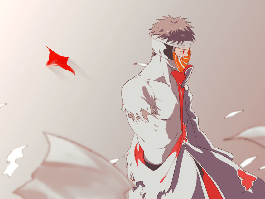 1boy akatsuki_(naruto) akatsuki_uniform amputee black_hair broken_mask male_focus mask masked_madara naruto_(series) naruto_shippuuden obobkkp paper sharingan short_hair tobi_(naruto) uchiha_obito