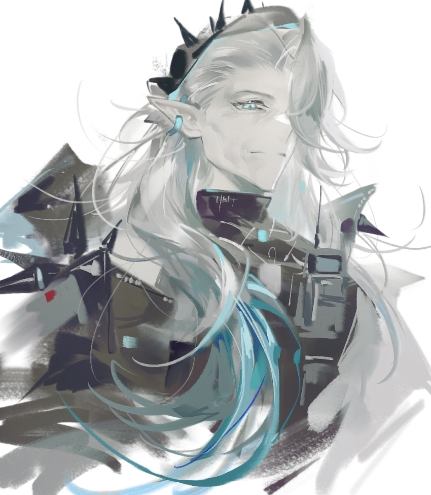 1girl aqua_eyes aqua_hair arknights dudiaodonglin grey_hair hair_over_one_eye highres looking_at_viewer mantra_(arknights) multicolored_hair old old_woman snake_girl solo two-tone_hair
