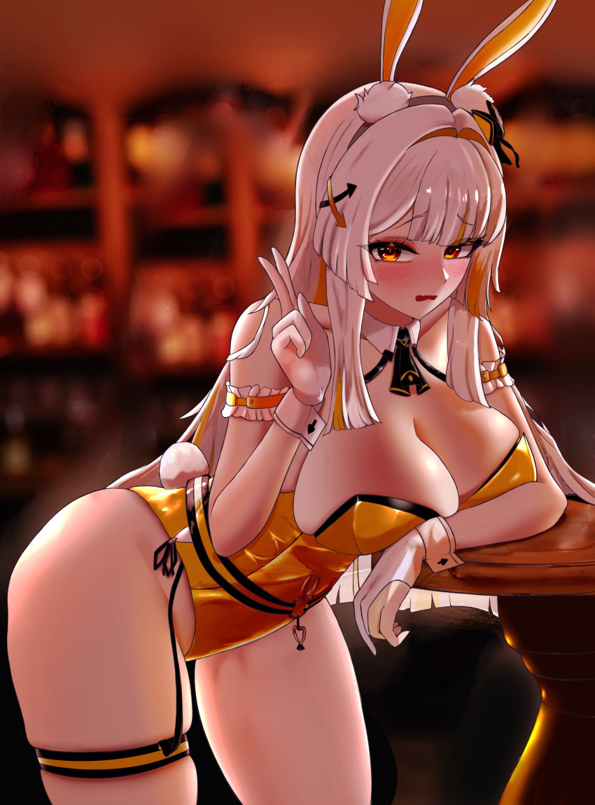 1girl absurdres animal_ears armband backlighting bar_(place) bare_shoulders belt black_survival blonde_hair blush bow bowtie breasts cleavage collarbone detached_collar eternal_return:_black_survival fake_animal_ears fake_tail foot_out_of_frame gloves hair_bow hairband halterneck highleg highleg_leotard highres large_breasts leaning_on_object leotard long_hair looking_at_viewer minami_rio multicolored_hair open_mouth playboy_bunny rabbit_ears rabbit_tail raised_eyebrows side-tie_leotard skindentation solo stainlesspanty standing streaked_hair table tail thigh_strap thighs two-tone_hair v very_long_hair white_gloves white_hair wrist_cuffs yellow_leotard