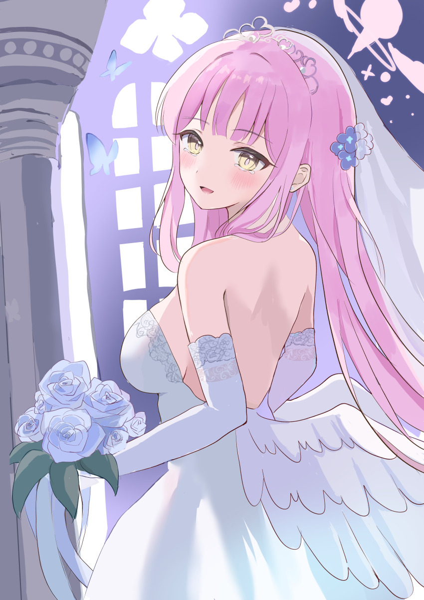 1girl absurdres backless_dress backless_outfit bare_back bare_shoulders blue_archive blue_flower blush bouquet breasts bridal_veil crown dress elbow_gloves feathered_wings flower gloves hair_flower hair_ornament highres holding holding_bouquet long_hair mika_(blue_archive) open_mouth pink_hair sidelocks sleeveless sleeveless_dress smyin_rii solo strapless strapless_dress veil wedding_dress white_dress white_flower white_gloves wings yellow_eyes