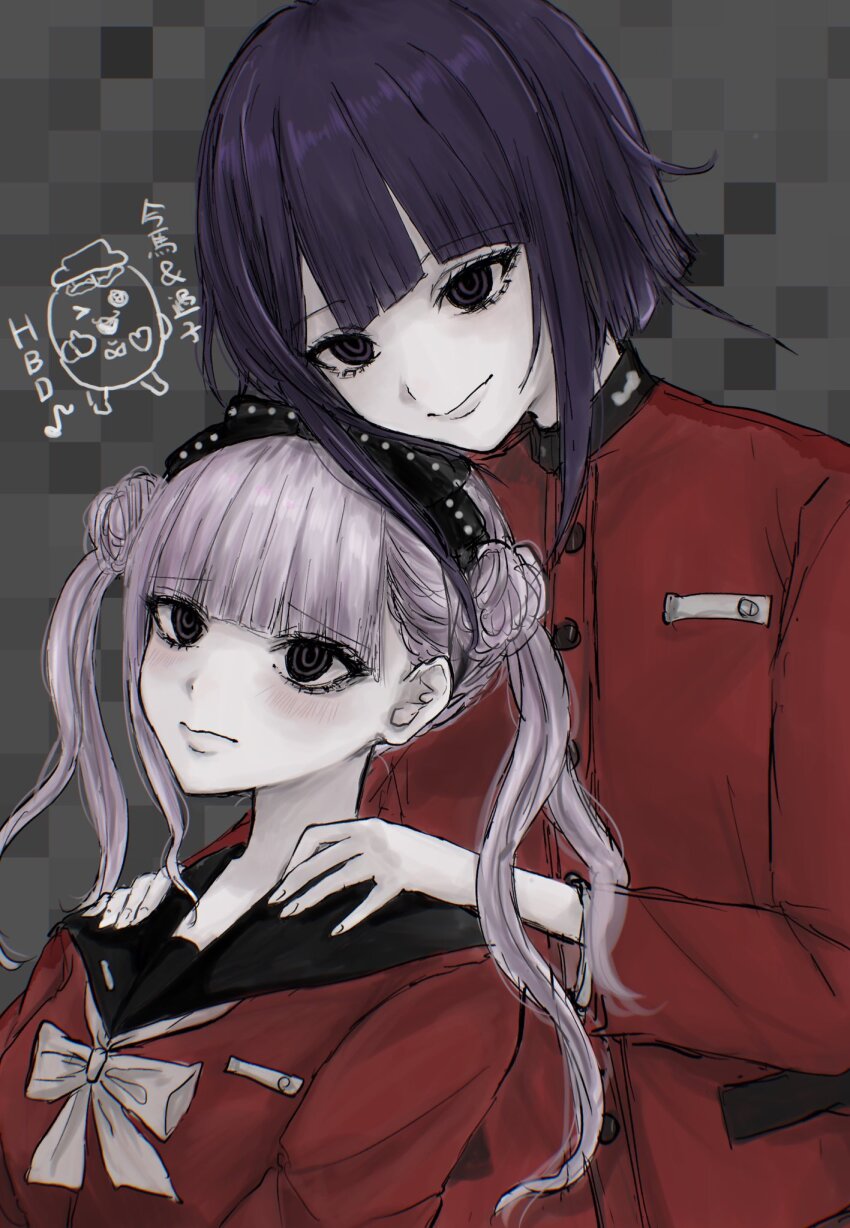 1boy 1girl black_eyes brother_and_sister closed_mouth eyelashes fingernails hands_on_another&#039;s_shoulders long_hair long_sleeves looking_at_viewer pink_hair purple_hair red_shirt shirt siblings sirei_(hundred_line) smile the_hundred_line_-last_defense_academy- tsukumo_ima tsukumo_kako twintails upper_body