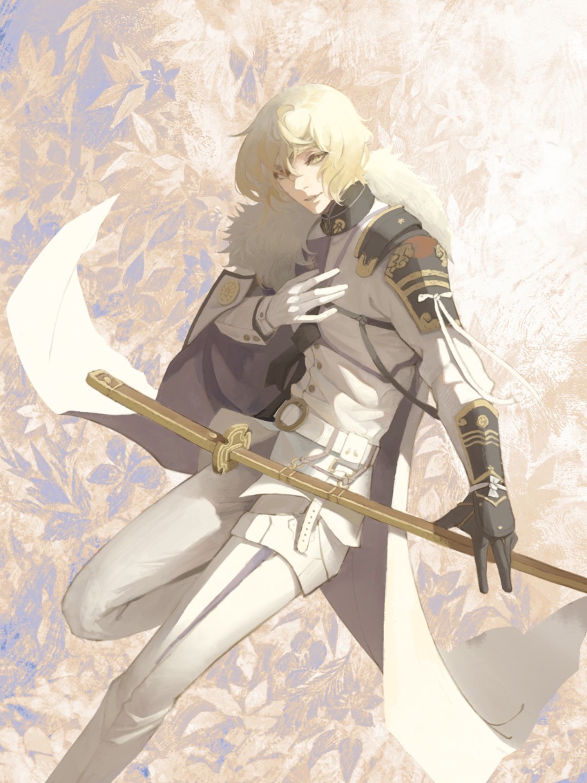 1boy absurdres armor asymmetrical_gloves belt black_gloves blonde_hair calendulamew coat coat_on_shoulders fang feet_out_of_frame fur-trimmed_coat fur_trim gloves higekiri_(touken_ranbu) highres jacket leaf long_sleeves looking_at_viewer male_focus medium_hair mismatched_gloves pants sheath sheathed shoulder_armor solo sword thigh_strap touken_ranbu weapon white_belt white_gloves white_jacket white_pants yellow_eyes