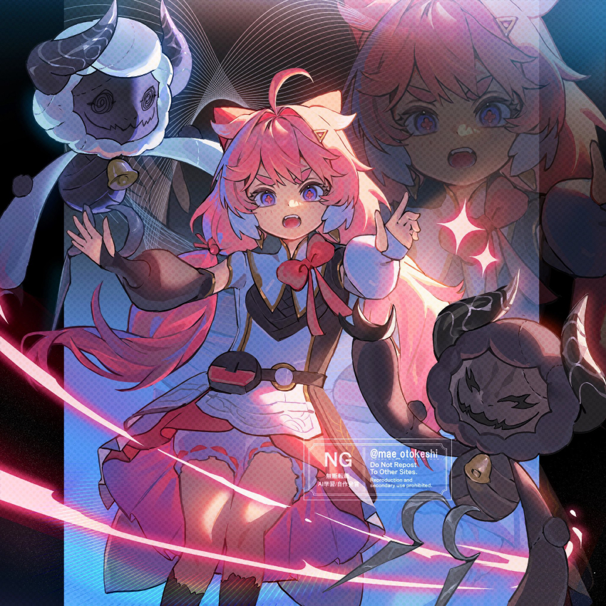 1girl ahoge cloudy_(wuthering_waves) commentary cosmos_(wuthering_waves) dress encore_(wuthering_waves) flower-shaped_pupils hair_intakes highres long_hair looking_at_viewer low_twintails open_mouth outstretched_arms pink_hair pink_pupils pink_skirt purple_eyes shorts skirt solo symbol-shaped_pupils takahashi_suika thick_eyebrows twintails v-shaped_eyebrows white_dress white_shorts wuthering_waves