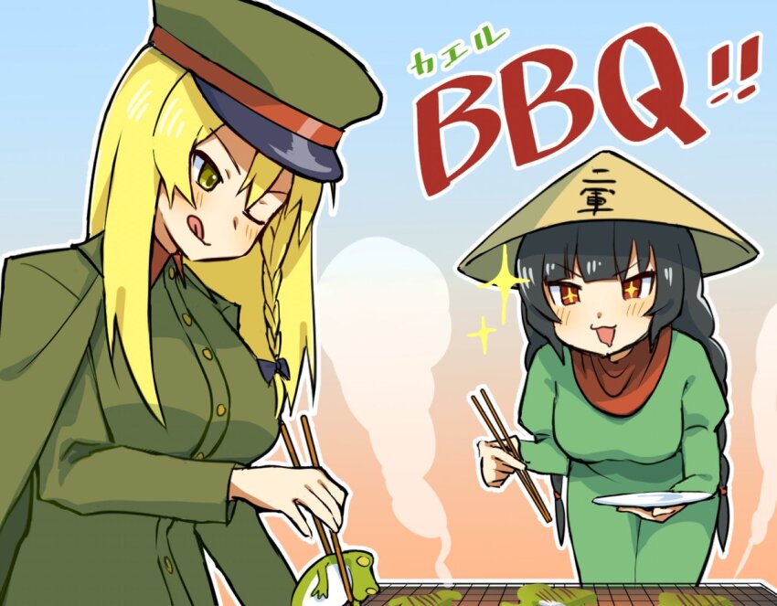 +_+ 2girls :q ajirogasa black_hair blonde_hair blunt_bangs blush braid breasts closed_mouth coat commentary_request cookie_(touhou) cooking cowboy_shot dress frog green_coat green_dress green_tea_(cookie) grill grilling hat kirisame_marisa large_breasts long_hair looking_at_another mikami_makoto military_uniform multiple_girls one_eye_closed open_mouth pura_(aiueo256375) red_scarf scarf side_braid single_braid smile tongue tongue_out touhou v-shaped_eyebrows yatadera_narumi yellow_eyes