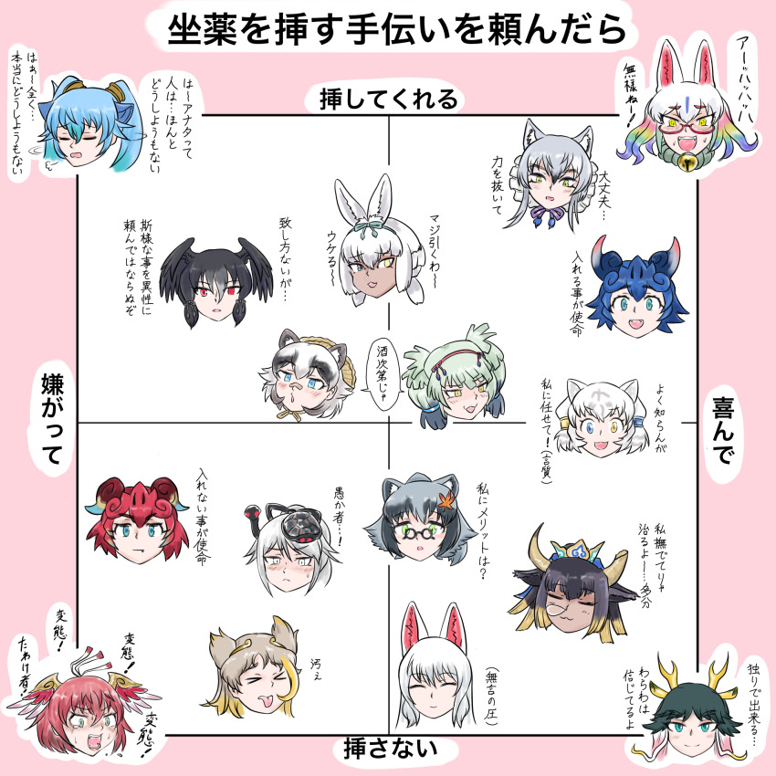 6+girls animal_ears bell bird_wings black_hair blue_hair blush byakko_(kemono_friends) character_request chart dragon_ears extra_ears fox_ears fur_collar genbu_(kemono_friends) glasses grey_hair head_wings highres kemono_friends kemono_friends_3 kirin_(kemono_friends) kyuubi_(kemono_friends) long_hair looking_at_viewer makami_(kemono_friends) multicolored_hair multiple_girls neck_bell oinari-sama_(kemono_friends) rainbow_hair red_eyes saja_(166j357) seiryuu_(kemono_friends) shiisaa_lefty shiisaa_right shishin_(kemono_friends) smile son_goku_(kemono_friends) suzaku_(kemono_friends) translated white_hair wings wolf_ears wolf_girl yamata_no_orochi_(kemono_friends) yatagarasu_(kemono_friends) yellow_eyes