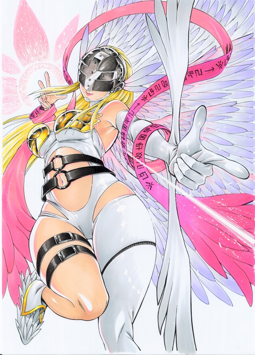 1girl angel_wings angewomon arrow_(projectile) bare_shoulders blonde_hair bodysuit boobplate bow_(weapon) breastplate breasts cleavage clothing_cutout covered_eyes digimoji digimon digimon_(creature) digimon_adventure energy_arrow feathered_wings helmet helmet_over_eyes highres hip_vent large_breasts long_hair miura_satoru navel pink_lips pink_ribbon ribbon smile solo stomach_cutout weapon white_bodysuit winged_helmet wings