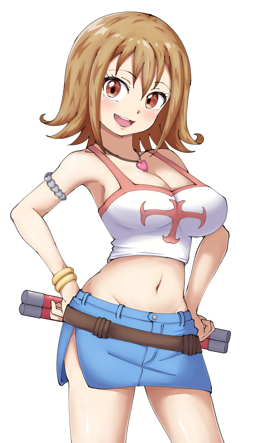 1girl absurdres bracelet breasts brown_eyes brown_hair cleavage denim denim_skirt elie_(rave) groin heart heart_necklace highres jewelry looking_at_viewer maho_(corotonton5150) medium_hair midriff miniskirt navel necklace open_mouth pencil_skirt rave_(manga) simple_background skirt smile solo tank_top weapon white_background