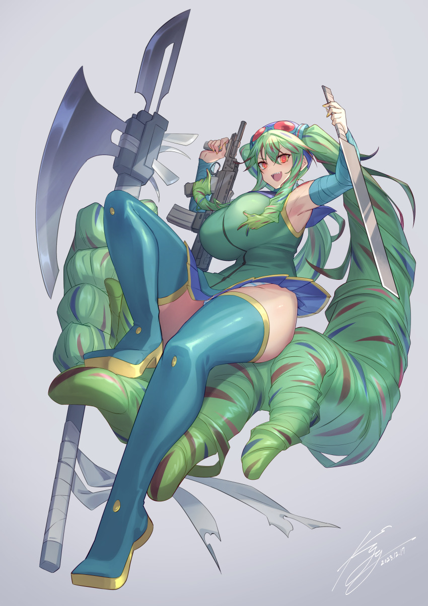 1girl absurdly_long_hair absurdres aqua_boots armpits assault_rifle axe battle_axe blue_hair blue_skirt boots breasts bullpup check_weapon commentary_request commission crossover full_body fusion goggles goggles_on_head green_hair green_vest grey_background gun hair_between_eyes hank_j._wimbleton hank_miku hatsune_miku high_heel_boots high_heels highres holding holding_axe holding_gun holding_sword holding_weapon knee_up l85 large_breasts long_hair looking_at_viewer machete madness_combat multicolored_hair open_mouth panties pleated_skirt prehensile_hair red-tinted_eyewear red_eyes red_hair rifle sakazu_mekasuke sharp_teeth signature simple_background sitting skeb_commission skirt solo streaked_hair striped_clothes striped_panties sword teeth thigh_boots tinted_eyewear triple_wielding twintails underwear upper_teeth_only v-shaped_eyebrows very_long_hair vest vocaloid weapon weapon_request white_panties