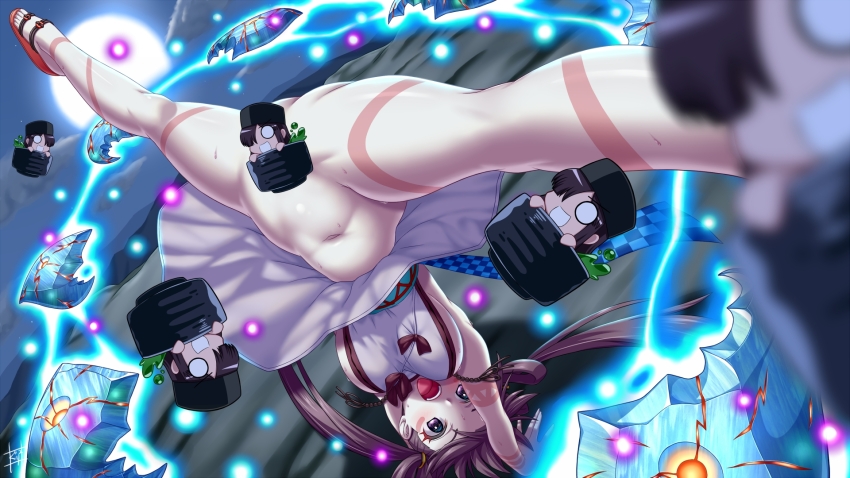 1girl backless_dress backless_outfit bare_shoulders blush body_markings breasts brown_hair chibi convenient_censoring dress fate/grand_order fate_(series) gem grey_dress guriguri_(arayotto4351) handstand highres iyo_(fate) kicking large_breasts long_hair looking_at_viewer magatama mini_nobu_(fate) navel no_panties oda_nobunaga_(fate) open_mouth purple_eyes sash sideboob smile solo_focus split spread_legs thighs twintails very_long_hair