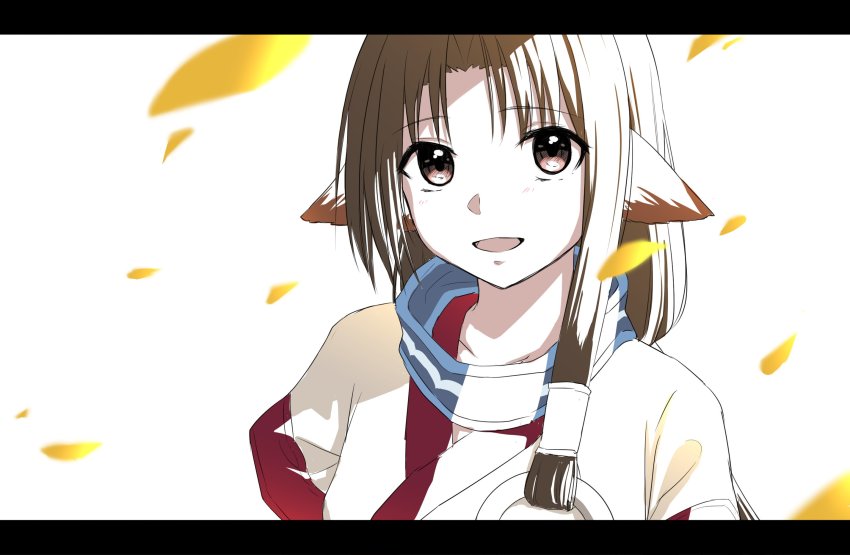 1girl ainu_clothes animal_ears aquaplus breasts brown_eyes brown_hair dress eruruu gradient_eyes hair_ornament hair_over_shoulder highres letterboxed long_hair long_sleeves looking_at_viewer multicolored_eyes nike_abc open_mouth parted_bangs petals red_eyes sidelocks small_breasts solo upper_body utawarerumono very_long_hair