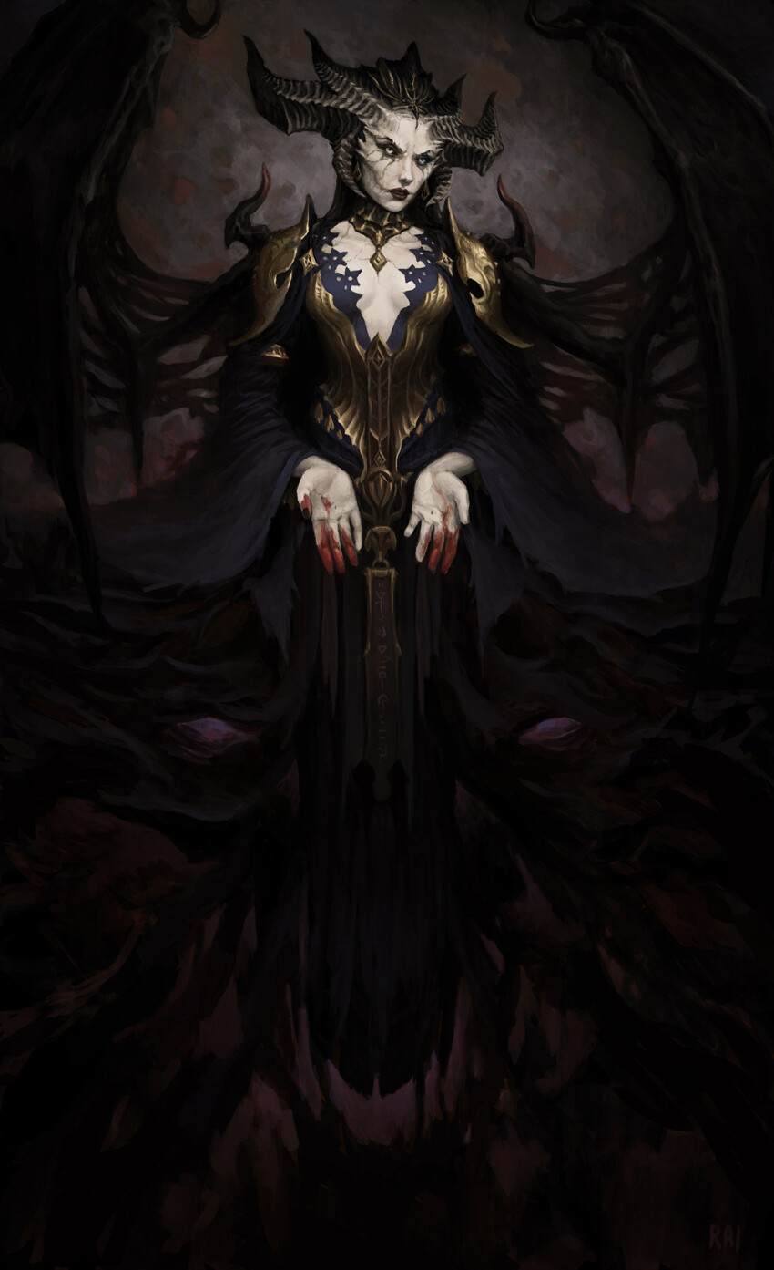 1girl black_dress black_lips blood blood_on_hands breasts cleavage demon_girl demon_horns demon_wings diablo_(series) dress fingernails g-redon heterochromia highres horns lilith_(diablo) looking_at_viewer sharp_fingernails solo wings