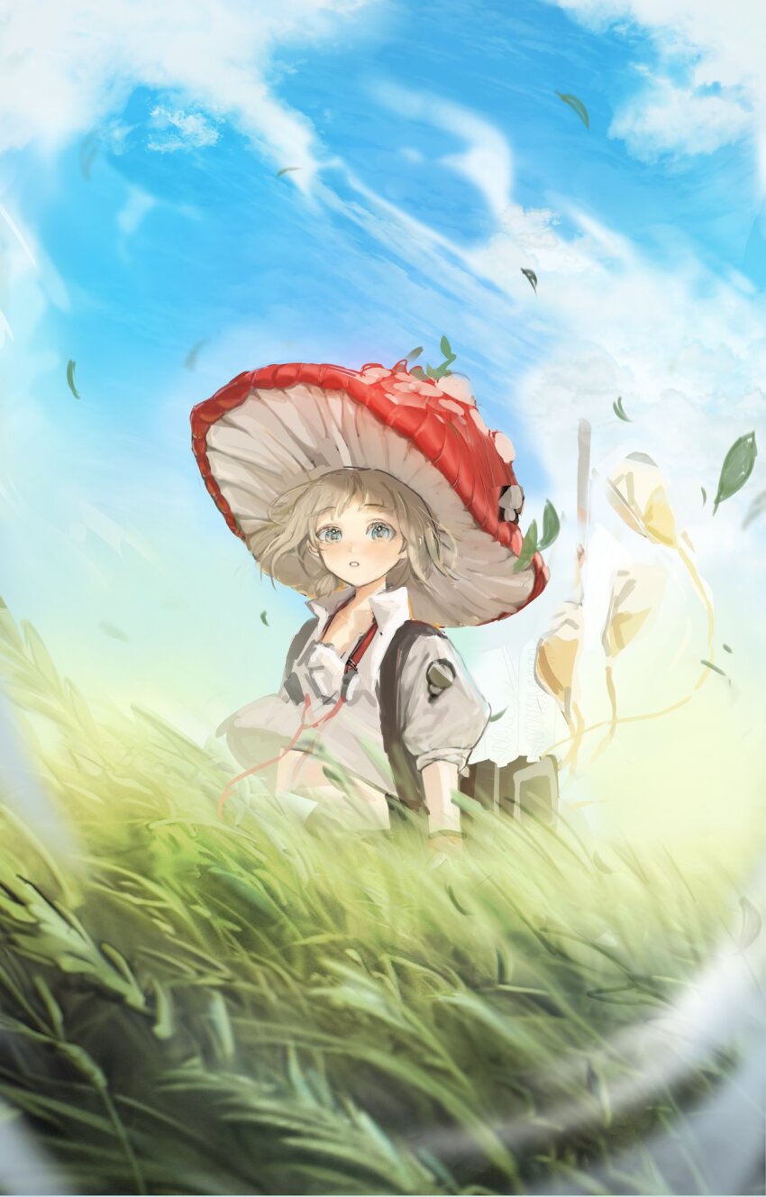 1boy :o blonde_hair blue_eyes blue_sky cloud device dumun_(wxw_hye) ezra_theodore falling_leaves grass hat highres leaf looking_at_viewer male_focus midriff mushroom_hat puffy_short_sleeves puffy_sleeves red_hat reverse:1999 shirt short_hair short_sleeves sky solo upper_body white_shirt wind