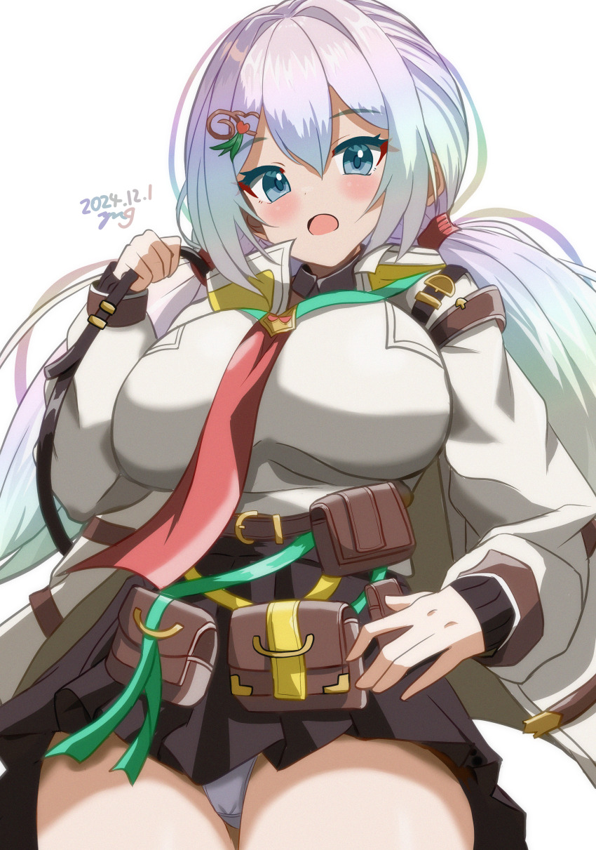 1girl absurdres breasts commentary_request cupitan_(granblue_fantasy) gradient_hair granblue_fantasy hair_between_eyes hair_ornament highres large_breasts long_hair looking_at_viewer low_twintails multicolored_hair neckerchief_between_breasts open_mouth panties partial_commentary rainbow_hair simple_background solo twintails underwear very_long_hair white_background white_panties wrist_belt yanapy