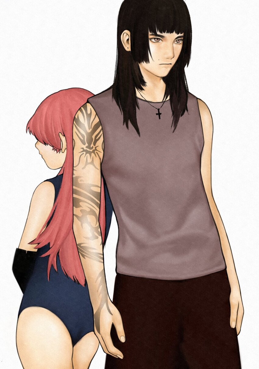 1boy 1girl arm_tattoo back-to-back black_hair blue_one-piece_swimsuit cross cross_necklace expressionless grey_eyes highres jewelry kennomou long_hair necklace one-piece_swimsuit original pink_hair shirt simple_background sleeveless sleeveless_shirt swimsuit tattoo white_background