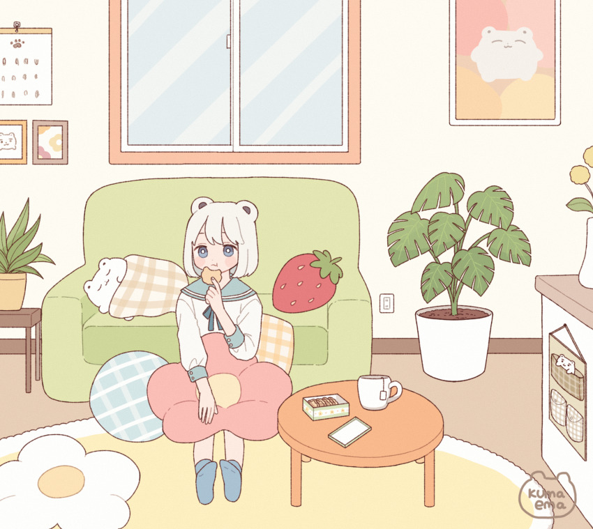 1girl animal animal_ears artist_logo bear_ears bear_girl blue_eyes blush_stickers box calendar_(object) chewing commentary cookie couch cup eating electrical_outlet emma_(kumaema) food full_body highres holding holding_food holding_pillow indoors logo mug neck_ribbon on_floor original picture_frame pillow plant potted_plant ribbon rug school_uniform serafuku short_hair sitting solo symbol-only_commentary table white_hair window
