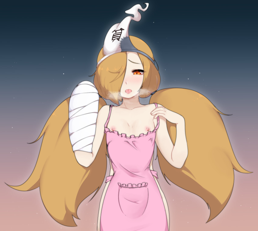 1boy 1girl apron artist_name bandages bandaged_arm bandages binbougami_ga! blonde_hair breasts flat_chest ghost hair_over_one_eye hand_on_own_chest heavy_breathing highres implied_sex lewdishsnail momiji_(binbougami_ga!) naked_apron nipples open_mouth orange_eyes small_breasts tongue tongue_out