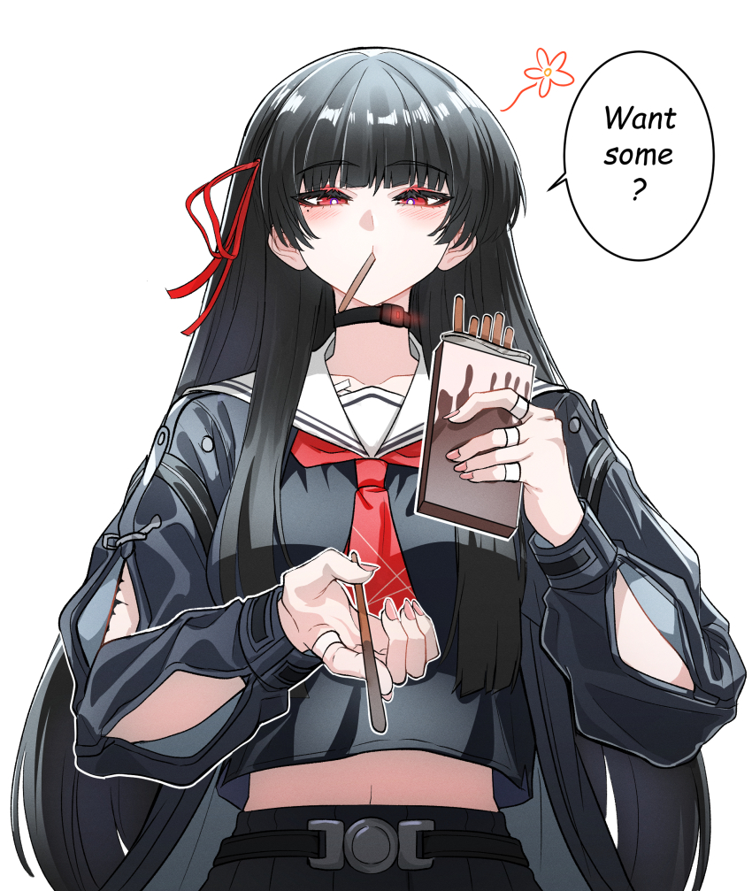 1girl absurdres arm_cutout black_choker black_hair black_serafuku black_shirt breasts chisa_(wuthering_waves) choker clothing_cutout collarbone commentary crop_top english_commentary english_text fingernails food food_in_mouth hair_ribbon highres holding holding_food holding_pocky light_blush long_hair long_sleeves looking_at_viewer medium_breasts mole mole_under_eye neckerchief offering_food pocky pocky_in_mouth red_eyes red_neckerchief red_ribbon ribbon sailor_collar school_uniform serafuku shirt simple_background solo tacet_mark_(wuthering_waves) tu_thanh upper_body white_background white_sailor_collar wuthering_waves