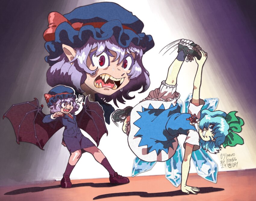 2girls black_footwear black_jacket black_skirt black_socks blazer bloomers blue_dress blue_eyes blue_hair bow breakdance brown_footwear brown_socks cirno cirno_day commentary demon_wings dress english_commentary formal_clothes full_body green_bow grey_hat grin hair_between_eyes hat hat_bow highres ice ice_wings iosys jacket looking_at_viewer mob_cap multiple_girls necktie one_eye_closed open_mouth pinafore_dress pointy_ears purple_hair red_bow red_eyes red_necktie remilia_scarlet sharp_teeth shoes short_hair skirt sleeveless sleeveless_dress smile sneakers socks standing suit teeth thekkm touhou underwear white_bloomers wings