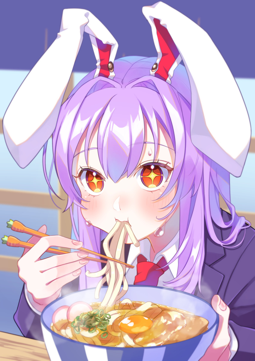 +_+ 1girl absurdres animal_ears black_jacket blazer blush bowl check_commentary chopsticks collared_shirt commentary_request eating egg_yolk floppy_ears food food_stand highres holding holding_bowl holding_chopsticks jacket long_hair looking_ahead necktie noodles noren purple_hair rabbit_ears re_mistar red_eyes red_necktie reisen_udongein_inaba shirt sidelocks solo sweat touhou udon upper_body