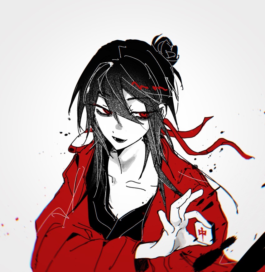 1boy bags_under_eyes banquluming black_hair black_hanfu chinese_clothes chinese_commentary coat collarbone dao_gui_yi_xian hair_between_eyes hair_bun hair_ribbon hanfu highres holding holding_mahjong_tile hong_zhong_(li_huowang) ink li_huowang long_hair long_sleeves looking_to_the_side mahjong mahjong_tile male_focus monochrome open_mouth red_coat red_eyes red_ribbon ribbon robe simple_background single_hair_bun smile solo spot_color upper_body white_background zuo_wang_dao