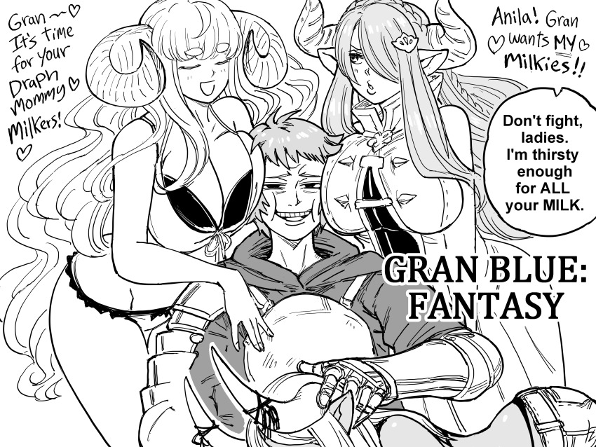 1boy 3girls absurdres anila_(granblue_fantasy) armor bb_(baalbuddy) between_breasts breast_press breast_smother breastplate breasts cleavage commentary cooperative_breast_smother copyright_name dark-skinned_female dark_skin draph english_commentary english_text face_to_breasts fellatio gauntlets girl_sandwich gran_(granblue_fantasy) granblue_fantasy greyscale group_sex happy harem head_between_breasts highres hood huge_breasts implied_fellatio kumbhira_(granblue_fantasy) long_hair monochrome multiple_girls narmaya_(granblue_fantasy) oral orgy out-of-frame_censoring sandwiched single_gauntlet speech_bubble teamwork_(sexual)
