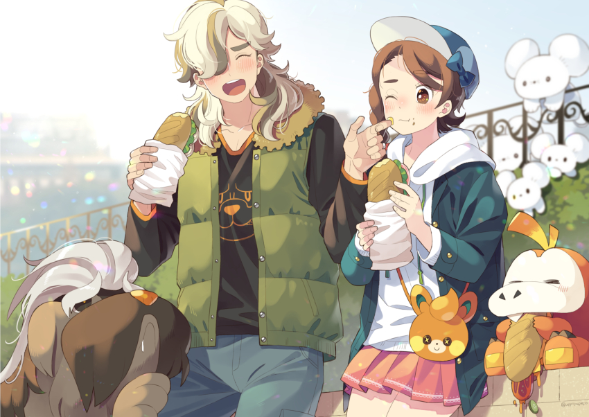 1boy 1girl ;t ^_^ arven_(pokemon) bag bow braid brown_eyes brown_hair closed_eyes eating food food_on_face fuecoco hair_over_one_eye handbag hat highres hood hooded_vest hoodie juliana_(pokemon) mabosstiff maushold maushold_(family_of_four) multicolored_hair nintendo one_eye_closed open_mouth pawmi pleated_skirt pokemon pokemon_(creature) pokemon_sv sandwich side_braid skirt smile uppi vest white_hair