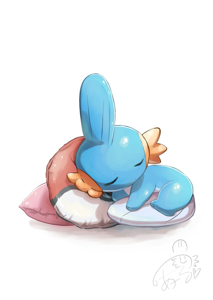 1other closed_eyes gen_3_pokemon head_on_pillow highres holding_own_tail lying mudkip nintendo noir_(noir_0010) on_pillow on_stomach pillow pokemon pokemon_(creature) shadow signature sleeping solo tail white_background