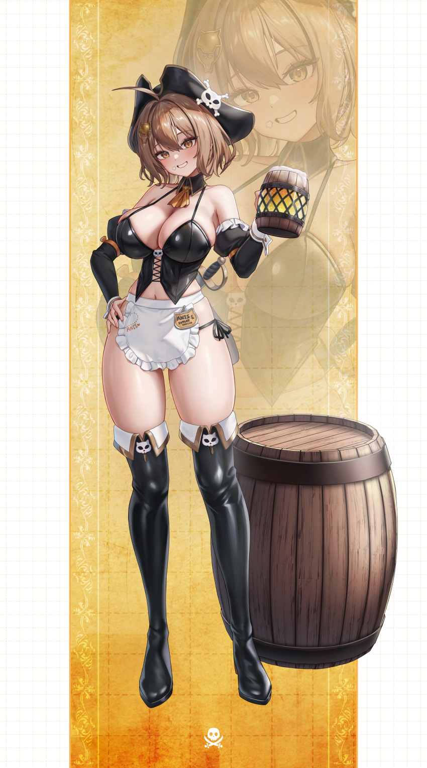 1girl absurdres alternate_costume anis_(nikke) apron bare_shoulders barrel black_boots black_hat blush boots borrowed_clothes breasts brown_eyes brown_hair cup detached_sleeves full_body goddess_of_victory:_nikke hand_on_own_hip hat highres holding large_breasts long_sleeves looking_at_viewer mast_(nikke) mast_(romantic_maid)_(nikke) mug navel parted_lips pirate_hat rapier short_hair smile standing subob_(subobdesu) sword thigh_boots thighs weapon white_apron