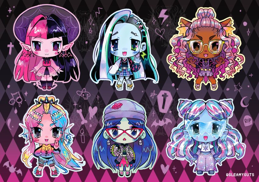 1other 2000s_(style) 5girls :3 :d abbey_bominable animal_ear_fluff animal_ear_piercing animal_ears aqua_hair aqua_skin artist_name bat_wings beanie belt belt_buckle black_bow black_bowtie black_hair black_hat black_jacket black_shirt black_socks black_vest blonde_hair blue-tinted_eyewear blue_eyes blue_hair blue_shorts blue_skin blue_skirt blunt_bangs blush bow bowtie brain buckle chibi chibi_only choker claw_pose clawdeen_wolf claws collared_shirt colored_skin commentary cone_hair_bun crown dark-skinned_female dark_skin denim denim_shorts double_bun dress dripping_skirt earrings english_commentary english_text eyebrow_piercing fang fangs fanny_pack fins fish_girl fish_skeleton frankie_stein full_body fur-trimmed_sleeves fur_trim gem ghoulia_yelps glasses gleamyguts gold_belt goth_fashion green_eyes grey_eyes grey_hat grey_socks hair_bun hair_ornament hairstyle_request hat head_fins heart heart_earrings heterochromia high_ponytail highres hood hood_down hoodie ice jacket jewelry jitome kneehighs lagoona_blue layered_sleeves lightning_bolt lightning_bolt_hair_ornament lightning_bolt_print lightning_bolt_symbol long_hair long_sidelocks long_sleeves looking_at_viewer midriff monster_girl monster_high monster_high_(g3) multicolored_hair multicolored_hoodie multicolored_jacket multiple_girls open_clothes open_jacket open_mouth outline overalls pants patterned_background pearl_(gemstone) piercing pink_dress pink_eyes pink_hair pink_sandals pink_shoes pink_skin pink_skirt pleated_skirt pointed_crown pointy_ears ponytail print_hat print_jacket print_pants print_shirt purple_footwear purple_overalls purple_pants red-tinted_eyewear safety_glasses sandals shirt shoes short_sleeves shorts sidelocks single_hair_bun single_sock skin_fang skin_fangs skirt smile sneakers snowflake_print socks spider_web_print split-color_hair standing stitches streaked_hair striped_clothes striped_socks sun_hat sunglasses t-shirt tail tinted_eyewear tombstone two-tone_hair v v-shaped_eyebrows vertical-striped_clothes vertical-striped_socks very_long_hair vest wavy_hair werewolf white_footwear white_hair white_shirt winged_footwear wings wolf_ears wolf_girl wolf_tail yellow-framed_eyewear yellow_eyes yellow_shoes