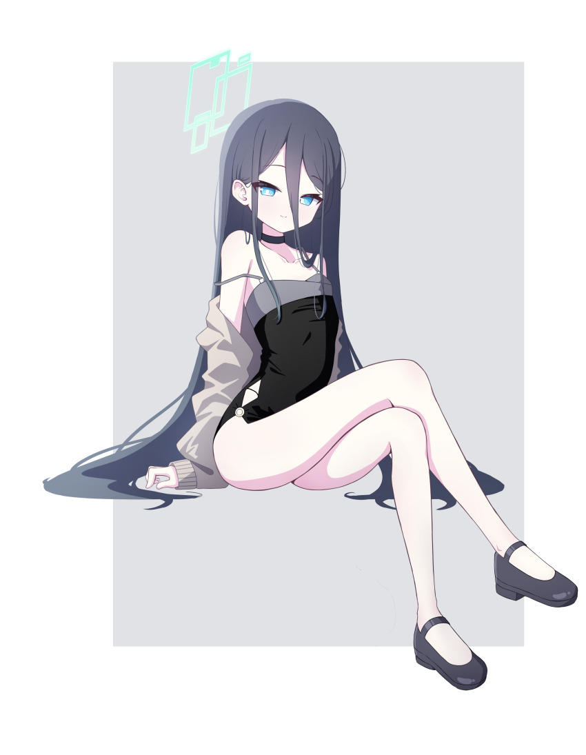 1girl 525_woiwo absurdly_long_hair absurdres aris_(blue_archive) ass black_dress black_hair black_shoes blue_archive blue_eyes closed_mouth collarbone cosplay dress flat_chest full_body green_halo grey_jacket halo highres jacket kayoko_(blue_archive) kayoko_(blue_archive)_(cosplay) kayoko_(dress)_(blue_archive) long_hair long_sleeves looking_at_viewer shoes sleeveless sleeveless_dress smile solo very_long_hair