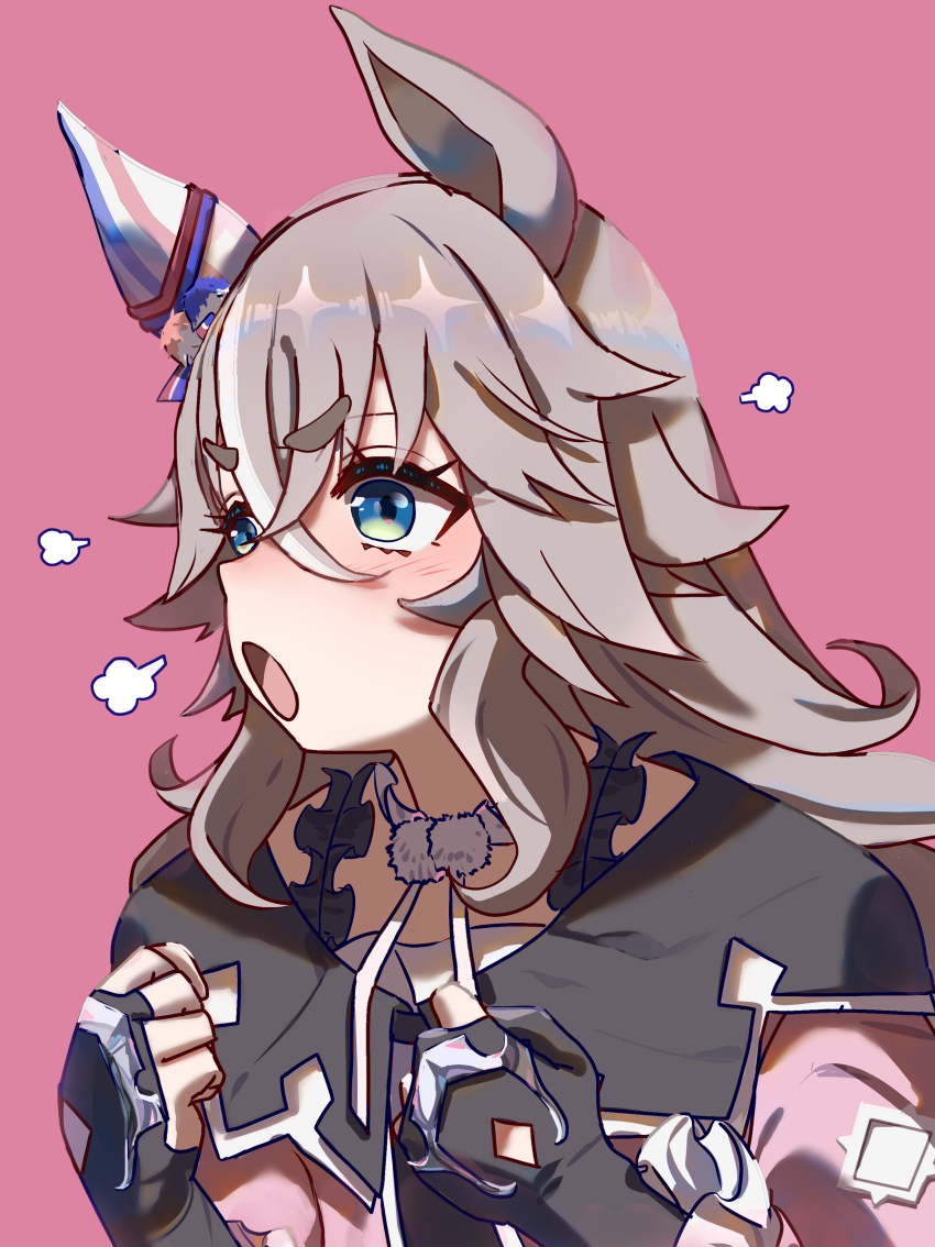 1girl absurdres animal_ears black_gloves clenched_hands commentary_request dress ear_covers ear_ornament fingerless_gloves gloves gradient_eyes grey_hair hair_between_eyes highres horse_ears horse_girl long_hair long_sleeves multicolored_eyes multicolored_hair no_uwazumi open_clothes pink_background pink_dress pom_pom_(clothes) puff_of_air simple_background single_ear_cover solo streaked_hair umamusume upper_body white_hair wonder_acute_(umamusume)